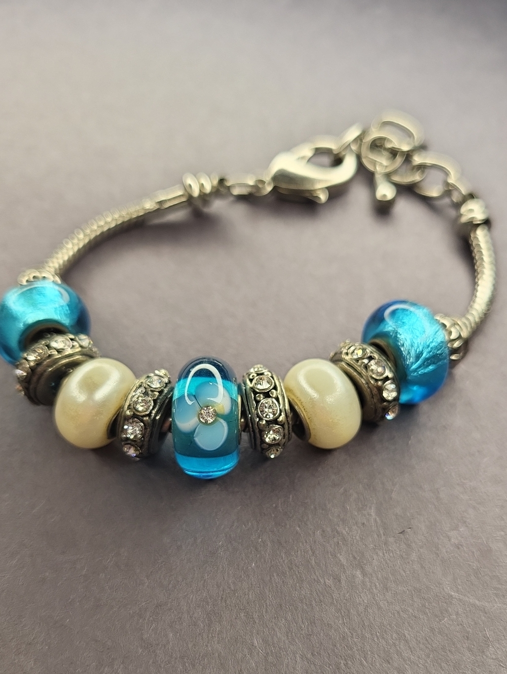 Blue Glass & Pearl-Accent Women’s Charm Bracelet